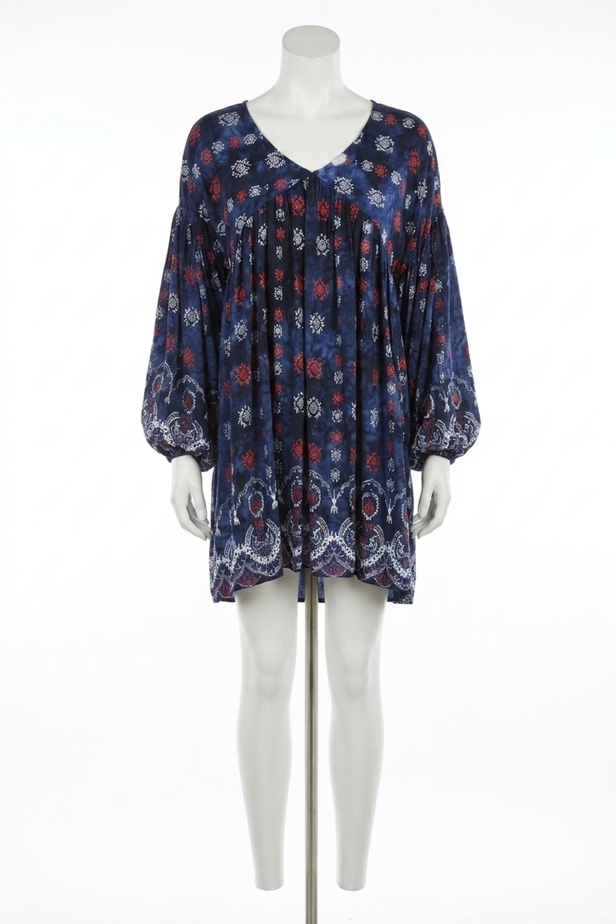 NEW VELZERA baby doll bohemian peasant mini dress in blue